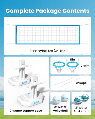 IGL Pool Volleyball Net & Pool Basketball Hoop 2 in 1, Height Adjustable Volleyball Net for Pool, Poolside Basketball Hoop with Fillable Base & Stand, Includes 4 Balls & Pump - size: 2 In 1 Set