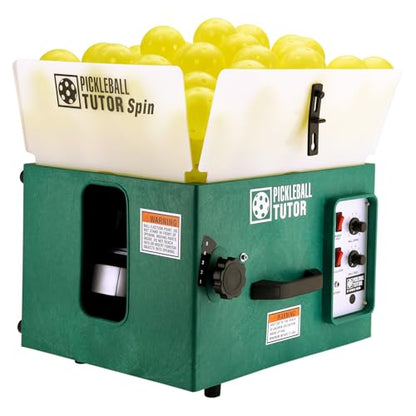 Pickleball Tutor Spin Model Ball Machine. Variable SIDESPIN. Speed 60 MPH. Random Oscillator. Made in USA by #1 Pickleball Machine Company.