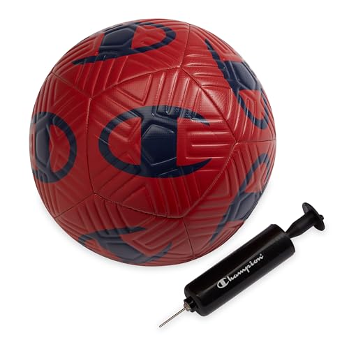 Champion Playmaker Logo Deflated Soccer Ball with Pump, Size 5 Soccer Ball, Durable Panels for Kids, Youth & Adults, Indoor/Outdoor Training Ball with Inflation Hand Pump - color: Tango Red/Medevil Blue, size: 5