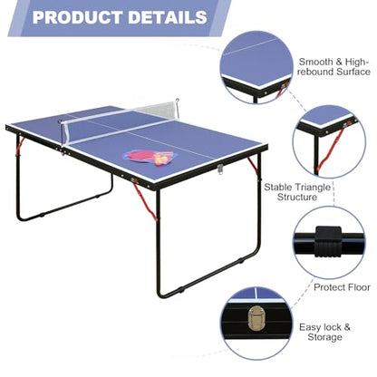 4.5ft Foldable Table Tennis Table Set with Steel Frame, Quick Assembly 54''X30'' Stable Ping Pong Table with Net, 2 Paddles & 3 Balls for Indoor Outdoor Family Game for Adults/Teens, Blue
