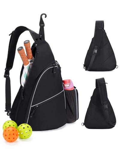sportsnew Pickleball Bag for Men Women, Pickleball Sling Bag with Separate Paddle & Ball Compartment, Fence Hook, Phone Pocket for Quick Access, Waterproof Pickleball Backpack, Patent Pending - color: Black