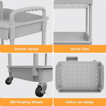 3 Tier Rolling Utility Cart with Handle,REBECAT Utility Cart Made of Multifunctional Storage Organizer Tool for Kitchen,Bathroom,Living Room,Office(Gray) - color: Gery