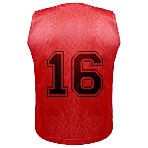 Athllete 12 pcs Duramesh Pinnies/Scrimmage Vest - Kids Youth and Adult Pinnies, Numbered Penny Jerseys for Soccer - color: Red Numbered Front/Back (13-24), size: Medium