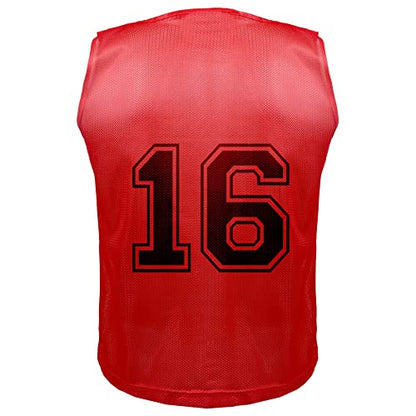 Athllete 12 pcs Duramesh Pinnies/Scrimmage Vest - Kids Youth and Adult Pinnies, Numbered Penny Jerseys for Soccer - color: Red Numbered Front/Back (13-24), size: Medium