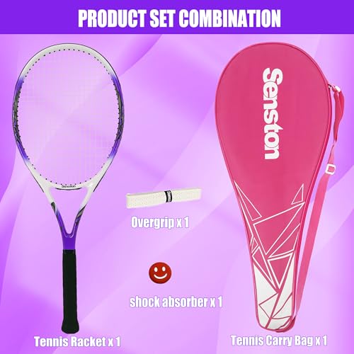 Senston 27 inch Tennis Racket for Adults 1 Pack Tennis Racket Set Tennis Overgrip, Vibration Damper - color: purple