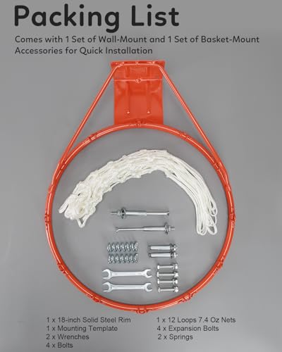 Heavy Duty Replacement Basketball Rim - 18" Solid Steel with Heavy-Duty Net, Pro-Grade Basketball Hoop Rim, Wall-Mount & Hoop Replacement, Double Spring Basketball Hoop Rim & Complete Installation Kit