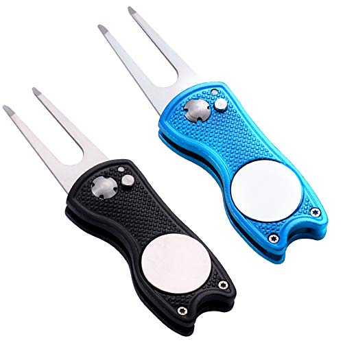 2 Pack Metal Foldable Golf Divot Tool with Pop-up Button & Magnetic Ball Marker (Pack of 2, Fish Design)