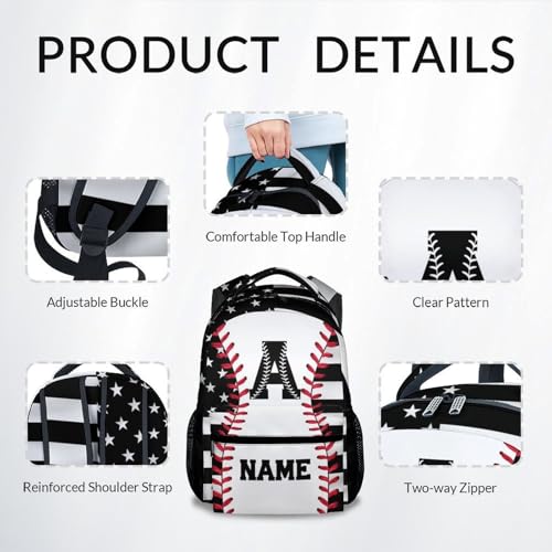 Mercuryelf Kids Backpack – Custom Baseball School Bookbag for Boys and Teens, American Flag Star Monogram School Backpack for Elementary Middle School Students, 17 Inch