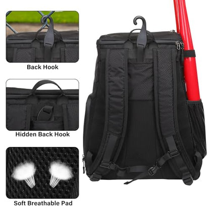 MOSISO Baseball Bat Bag, Large Capacity Baseball Backpack for Men Women, Lightweight Softball Equipment Backpack Catchers Gear Bag with Fence Hook & Shoe Compartment for Training Sports, Black