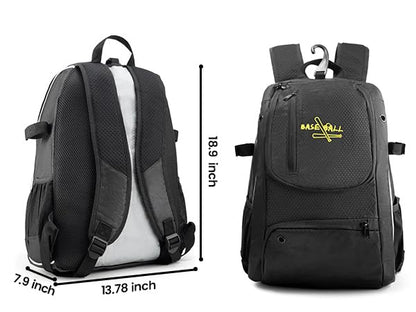 Youth Baseball Bag, Lightweight Softball Bag with Shoes Compartment, Baseball Backpack with Fence Hook for TBall Bat & Equipment - color: Black