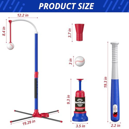HYES 3-in-1 Baseball Set for Kids 3-5 - Tee Ball Stand, Hanging Tee, Ball Launcher and 6 Softballs - Adjustable Height, Indoor/Outdoor Sport Gifts for Boys Girls, Blue