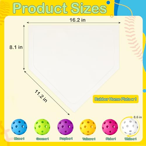Mototo 7-Pieces Rubber Baseball Bases Set, 16 in Throw Down Home Plate with Plastic Practice Softballs Baseball Rubber Bases for Yard Backyard School Kickball Tball Field Batting Training - style: White, Multicolor Balls