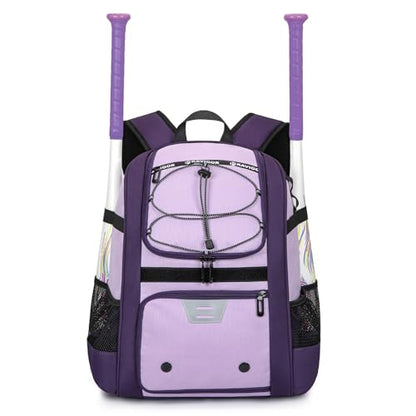 KAVIGOR Youth Baseball Bag, Softball Bag for Girls & Boys, Kids Tball Backpack with Shoes Compartment - color: Purple