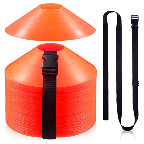 100 Pieces Soccer Cones with Strap Agility Disc Cones Soccer Training Cones Soccer Cones for Drills Orange Mark Disks for Challenge Football Basketball Skating Kids Games Outdoor Indoor 2 Straps
