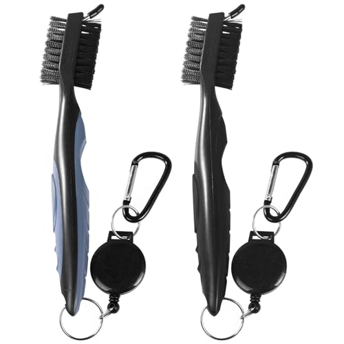 OBTANIM 2 Pack Golf Club Brush Groove Cleaner Tools with Retractable Zip-line Aluminum Carabiner for Golf Club Bag Accessories - color: Black and Gray