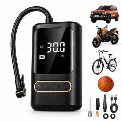Portable Bike Air Compressor – Mini Electric Tire Pump with Auto Shut-Off, Multi-Valve Compatible, Rechargeable Tire Inflator for Bikes, Cars & E-Bikes