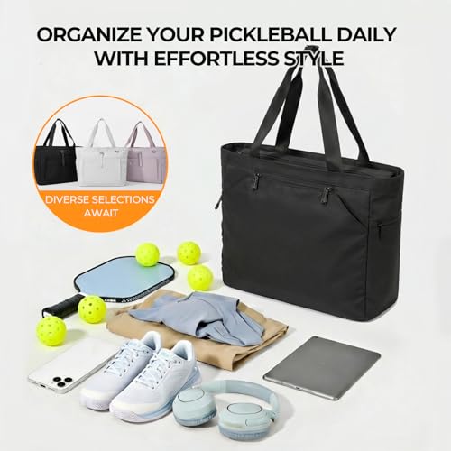 Pickleball Bag for Women Men, Large Pickleball Tote Holds 2-4 Rackets, Pickleball Bags with Shoe Compartment & Water Bottle Pocket, Pickleball Gifts, Water-Resistant & Lightweight - color: Black