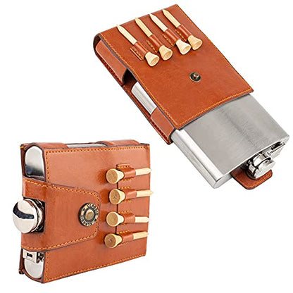 Golf Flask Gift Set - 7oz Flask With Leather Case - Golf Accessories for Men and Women - Includes Divot Tool, Tees and Ball Marker