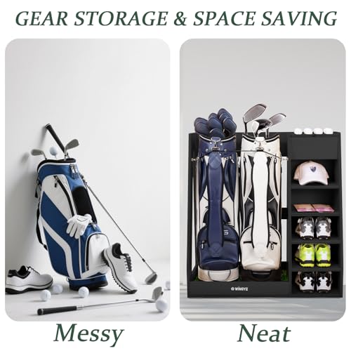 WINGYZ Premium Birch Plywood Golf Bag Storage for 2 Bags | 36lb Rock-Solid Golf Bag Organizer | 7-Shelf Command Center | Artificial Turf 12-Ball Display | No Wall Mounting Required (Black) - color: Black