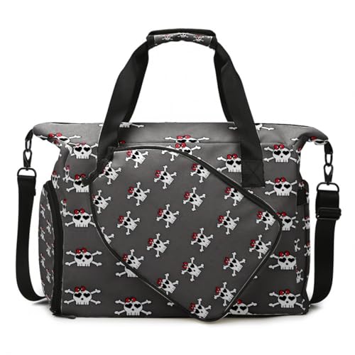 Brown Leopard Print Sports Duffle Bag - Large Gym Bag with Ventilated Shoe Compartment & Front Racket Sleeve, Waterproof Lightweight for Women Men Tennis Pickleball Travel - color: Skull Gray