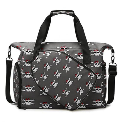 Brown Leopard Print Sports Duffle Bag - Large Gym Bag with Ventilated Shoe Compartment & Front Racket Sleeve, Waterproof Lightweight for Women Men Tennis Pickleball Travel - color: Skull Gray