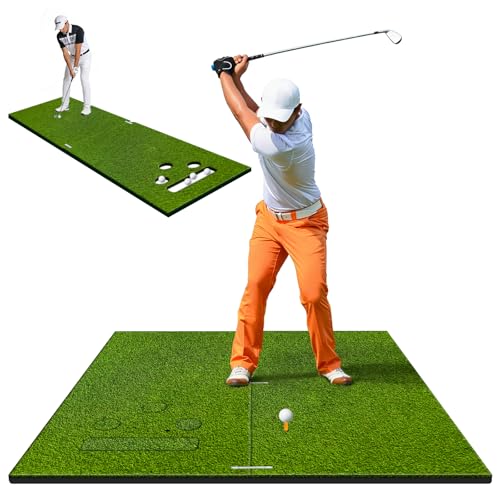 5x5ft Golf Hitting Mat for Indoor and Outdoor Practice, High-Elasticity Golf Practice Driving Range Turf Mat, Convertible 2-in-1 Golf Hitting & Putting Mat for Garage Simulator Training