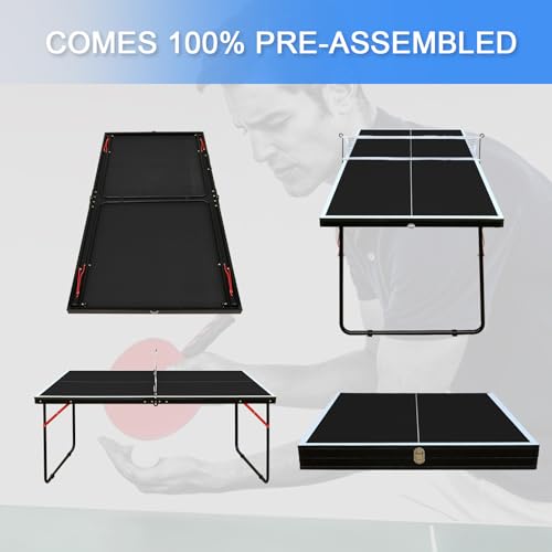 KEIKI 4.5FT Foldable Ping Pong Table, Portable Table Tennis Table with Net & Paddles, Compact Indoor Game Table for Home, Office, Party, Space-Saving Ping Pong Table