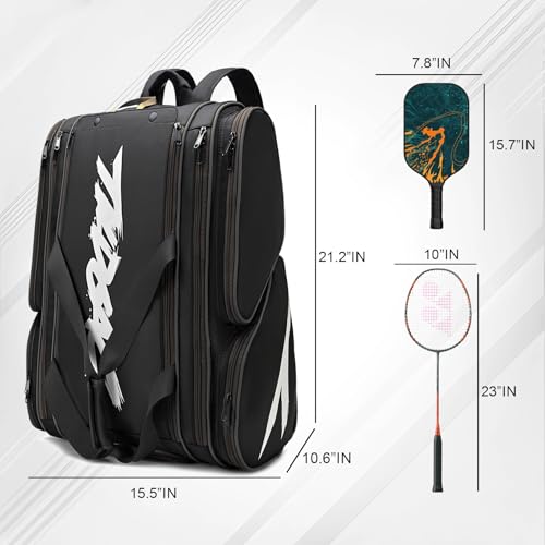TILDOSAC Pickleball Bag - Large Paddle Bag for 4 Paddles & Accessories - Fence Hook, Extra Pockets, Shoe Compartment