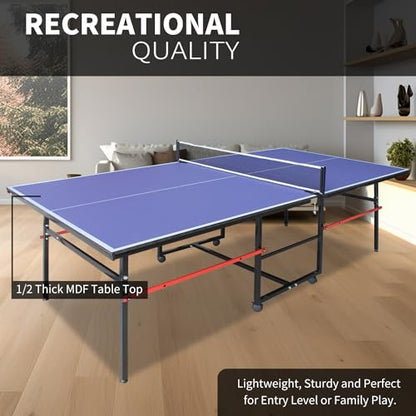 8ft Foldable Ping Pong Table Set, Mid-Size Portable Table Tennis Table with Net, Paddles & Balls, Indoor Outdoor Game Table for Home, Office, and Playroom