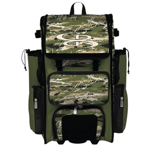 Boombah Rolling Superpack Baseball/Softball Gear Bag - Telescopic Handle - Holds 4 Bats - Wheeled Version - Razor Multiple Colors - color: Olive Drab/Black/Vegas Gold