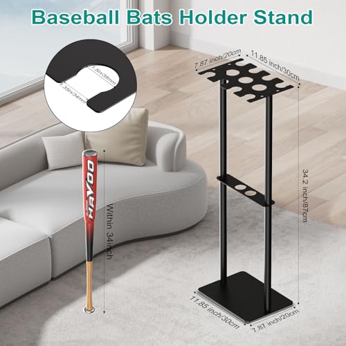 QBA Baseball Bat Holder Stand, Free Standing Bat Rack Holds Up to 8 Bats, 5 Balls, 4pcs Gloves, Bat Organizer for Home Garage Dugout, Black
