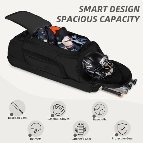 Shopsource Catchers Gear Bag with Wheels, 99L Large Capacity Rolling Baseball Bag with Multi-Pockets, Sturdy Softball Bag with Sturdy Back Base Plate, 4 Bat Sleeves, Shoe Compartment, Fence Hooks