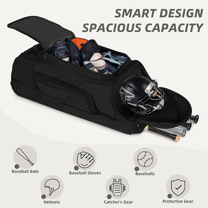 Shopsource Catchers Gear Bag with Wheels, 99L Large Capacity Rolling Baseball Bag with Multi-Pockets, Sturdy Softball Bag with Sturdy Back Base Plate, 4 Bat Sleeves, Shoe Compartment, Fence Hooks