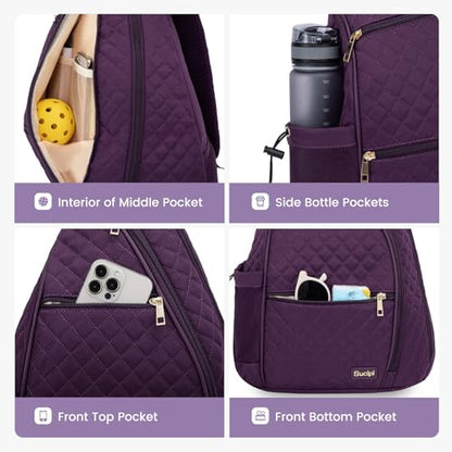 Women's Pickleball Backpack - Quilted Crossbody Sling Bag for Tennis & Pickleball Paddle - color: Purple, size: Medium