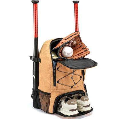 Baseball Backpack, Baseball Bag for Youth, Softball Bat Bag with Shoes Compartment, Laptop Compartment & Holds 2 Bats, Small Baseball Bat Equipment Bags for Fence Hook, Glove Holder & Helmet - color: Khaki
