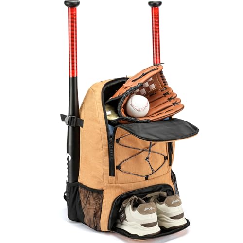 Baseball Backpack, Baseball Bag for Youth, Softball Bat Bag with Shoes Compartment, Laptop Compartment & Holds 2 Bats, Small Baseball Bat Equipment Bags for Fence Hook, Glove Holder & Helmet - color: Khaki