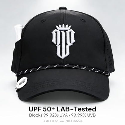 NJF Golf Hat Men - Breathable Mens Golf Hats, Adjustable Rope Hook and Loop Style Cap, Convenient Cap with Tee Holder - color: Black