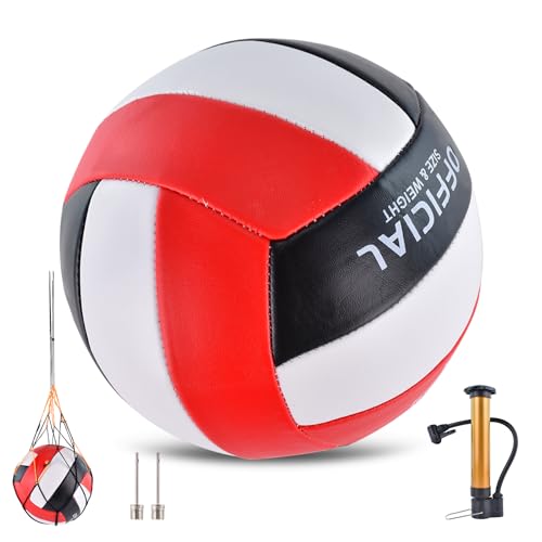Volleyballs Official Size 5, Waterproof Soft Bulk Recreational Volley Balls with Pump and Net Bag for Indoor Outdoor Beach Pool Water Sand Game Training Match Gift for Beginner - color: Red Black White