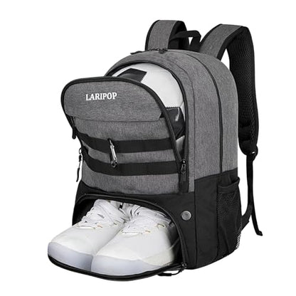 LARIPOP Soccer Backpack with Ball Holder & Shoe Compartment Large Capacity Youth Sports Bag for Training - color: Light gray