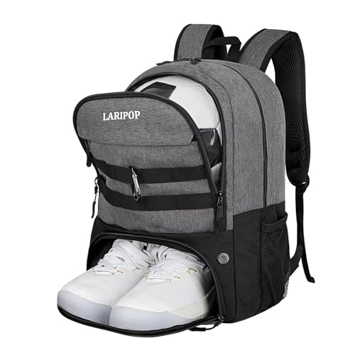 LARIPOP Soccer Backpack with Ball Holder & Shoe Compartment Large Capacity Youth Sports Bag for Training - color: Light gray