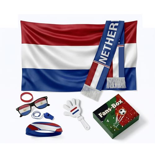 Soccer Fan Gear Set 2026-7 Piece Game Day Kit with Flag, Scarf, Glasses, Whistle, Clapper, Wristband & Headband in Gift Box - Watch Party & Stadium Essentials for Netherlands - color: Netherlands