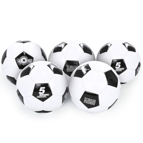 Aoneky Adult Size 5 Traditional Soccer Ball - Ships Deflated, Pump Included - color: White/Black, style: 5-Pack Deflated Ball with Pump