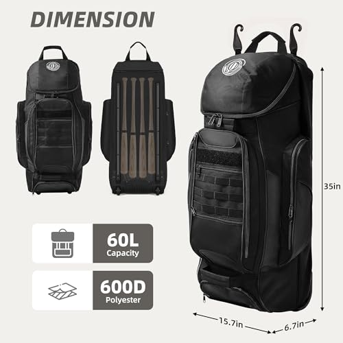 Shopsource Catchers Gear Bag with Wheels, 99L Large Capacity Rolling Baseball Bag with Multi-Pockets, Sturdy Softball Bag with Sturdy Back Base Plate, 4 Bat Sleeves, Shoe Compartment, Fence Hooks