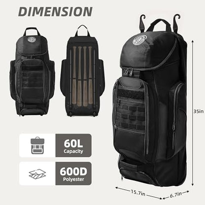 Shopsource Catchers Gear Bag with Wheels, 99L Large Capacity Rolling Baseball Bag with Multi-Pockets, Sturdy Softball Bag with Sturdy Back Base Plate, 4 Bat Sleeves, Shoe Compartment, Fence Hooks