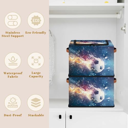 Soccer Sports Storage Bins with Zipper Lid Collapsible Storage Bags Foldable Stackable Storage Boxes Clothes Organizer Containers with PU Leather Handles (23L-1 Pack) - size: 1-Pack 14.2x10.2x10 in