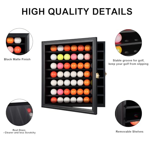 KCRasan 49 Golf Ball Display Case Lockable - Golf Ball Holder Gift for Golf Enthusiasts - Golf Ball Display Rack Cabinet for Wall Mount Real Glass Door, Black