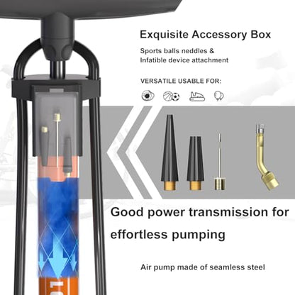 Bike Floor Pump, Bicycle Pump with Dual Presta & Schrader Valve Head, High Pressure Bicycle Tire Inflator, Portable Hand Air Pump for Road & Mountain Bikes, Strollers and Balls - style: Pro With Gauge