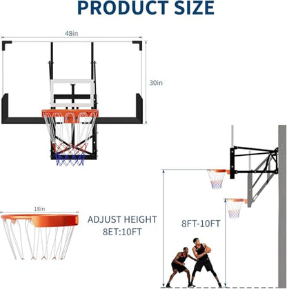 Wall Mounted Basketball Hoop, 48'' Shatterproof Backboard with Rim, Adjustable Height 8-10'' Hand Crank Goal, Indoor & Outdoor with Adjustable Height, Classic Basketball Court, Teens, Adults, Schools