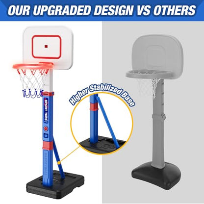 HYES Toddler Basketball Hoop with Scoreboard/LED Basketball Rim/4 Balls, 55" Height Adjustable Basketball Hoop for Kids 3-5, Indoor Outdoor Sport Toys Birthday Gifts for Baby Boys Girls