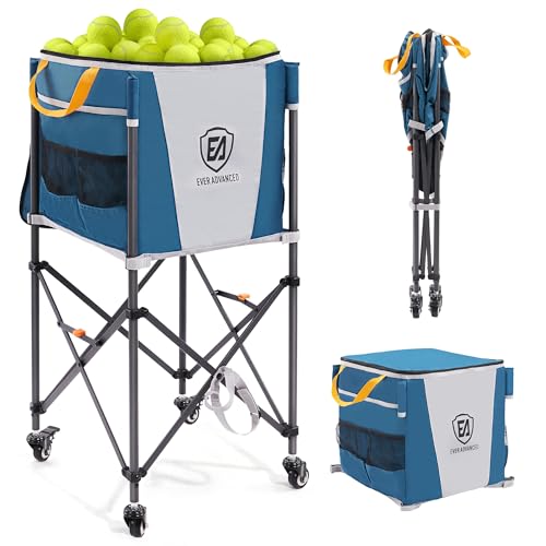 EVER ADVANCED 150 Tennis Capacity Ball Hopper Rolling Ball Cart with Side Pockets, 16.2 x 16.2in Folding Pickleball Basket with Wheels, Sports Equipment Organizer for Baseball Training/Practice, Blue